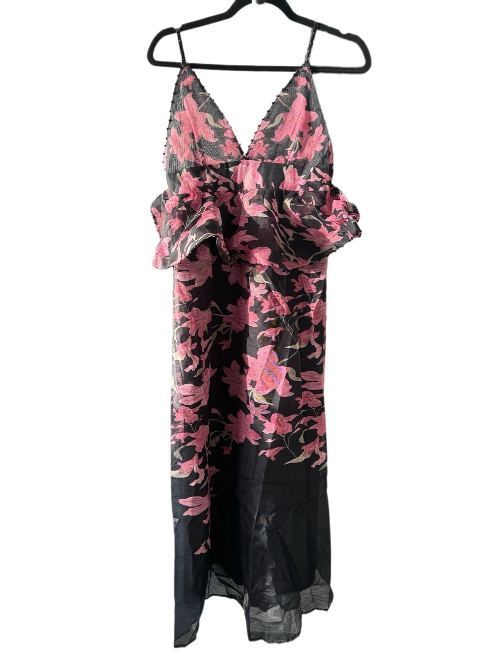 Designer-style Floral Ruffle Maxi Dress in Pink and Black